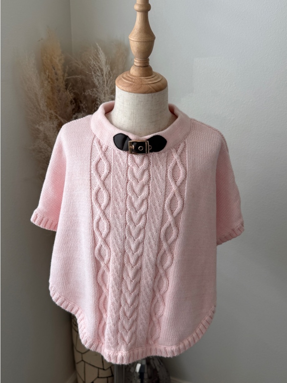 Hope & Henry Organic Cotton Girls' Soft Pink Cable-Knit Cape - S (5/6 YRS)